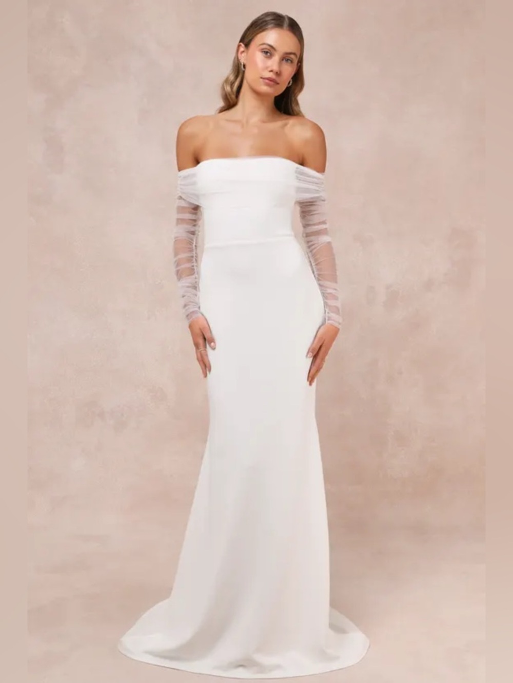Beautifully Beloved White Mesh Off-the-Shoulder Maxi wedding Dress